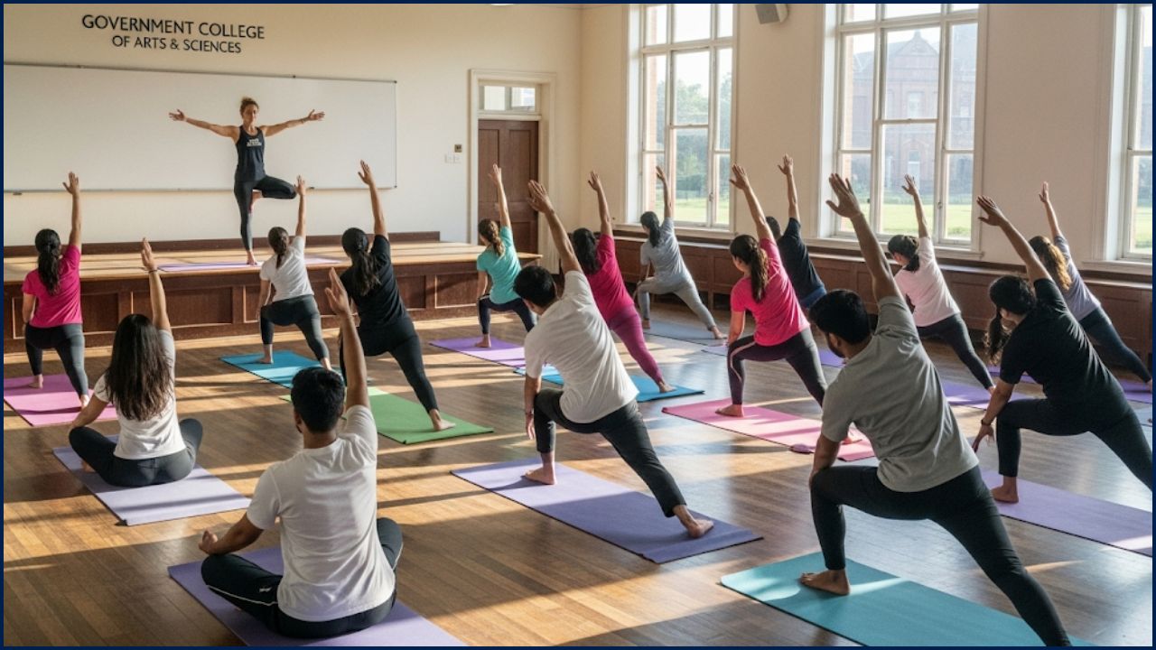 Students practising yoga during a Certified Yoga Course at Govt. College Pabla.