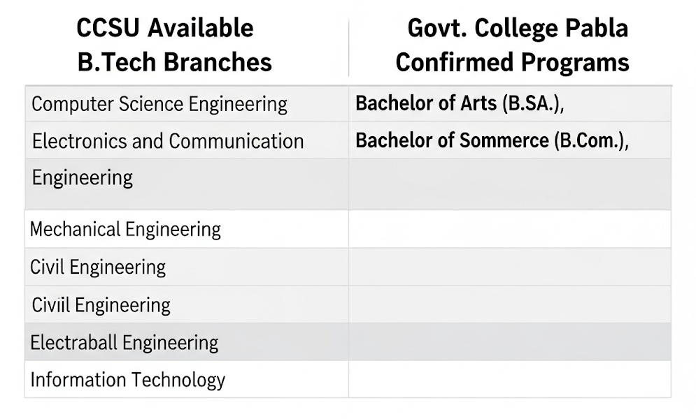 Govt. College Pabla 2025 B.Tech Program – Check Specializations, Fees, and Admission Process 2 CCSU B.Tech specializations and those offered at Govt. College Pabla